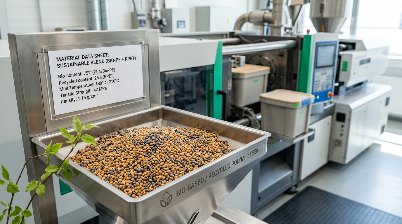 Close-up of bio-based and recycled material pellets in a production hopper, ready to feed into an injection molding...