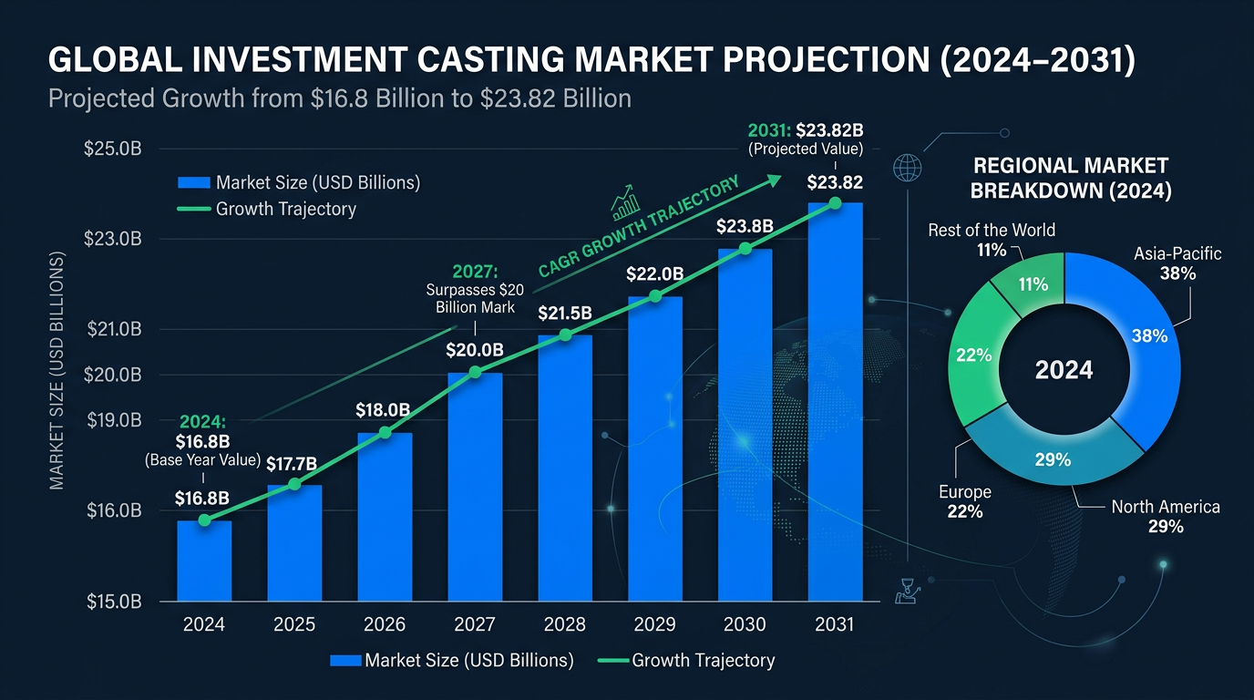 Professional data visualization showing the global investment casting market projection from 2024 to 2031, growing...