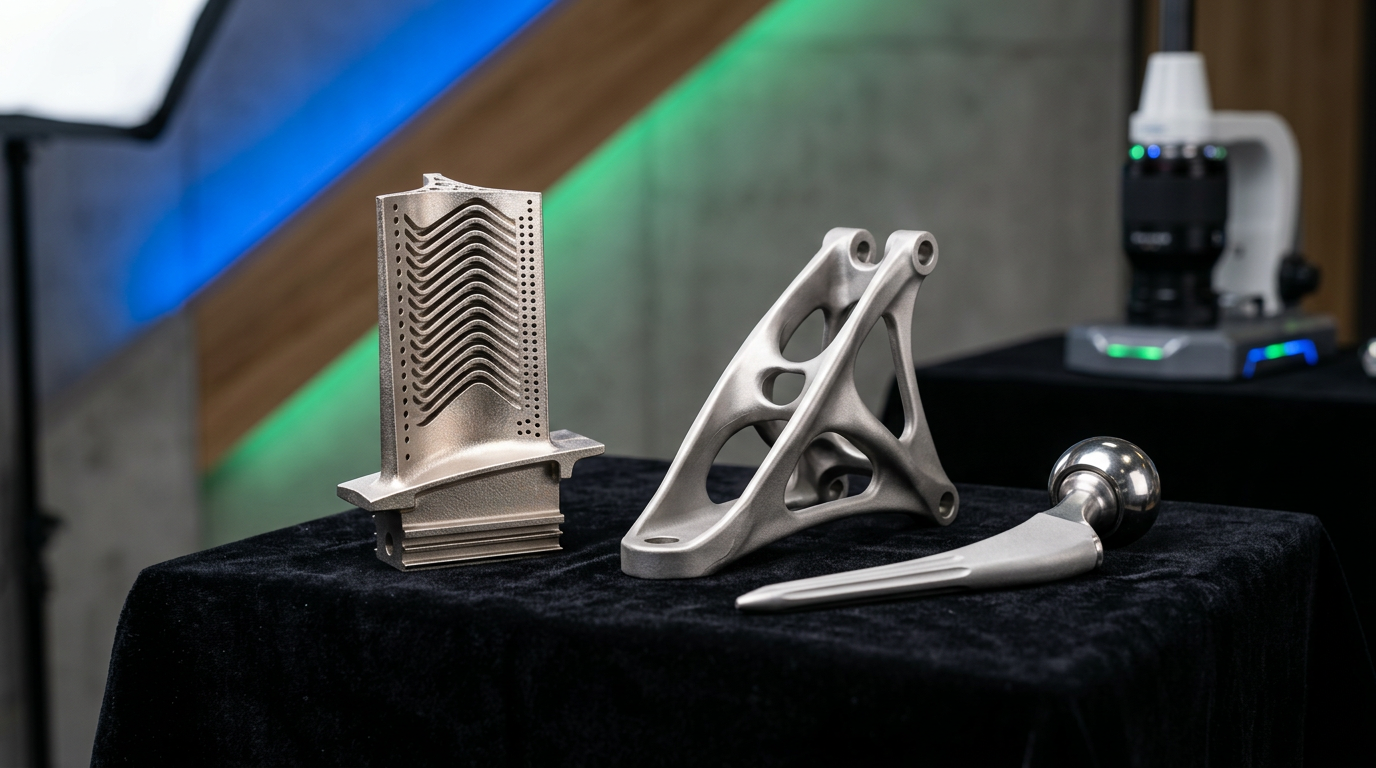 Collection of high-precision investment-cast aerospace components arranged on a black velvet display surface