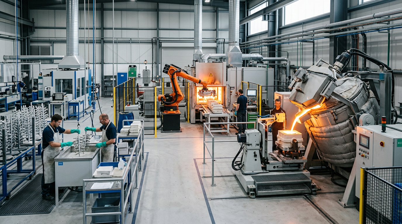 Modern investment casting foundry floor showing the complete process in sequence