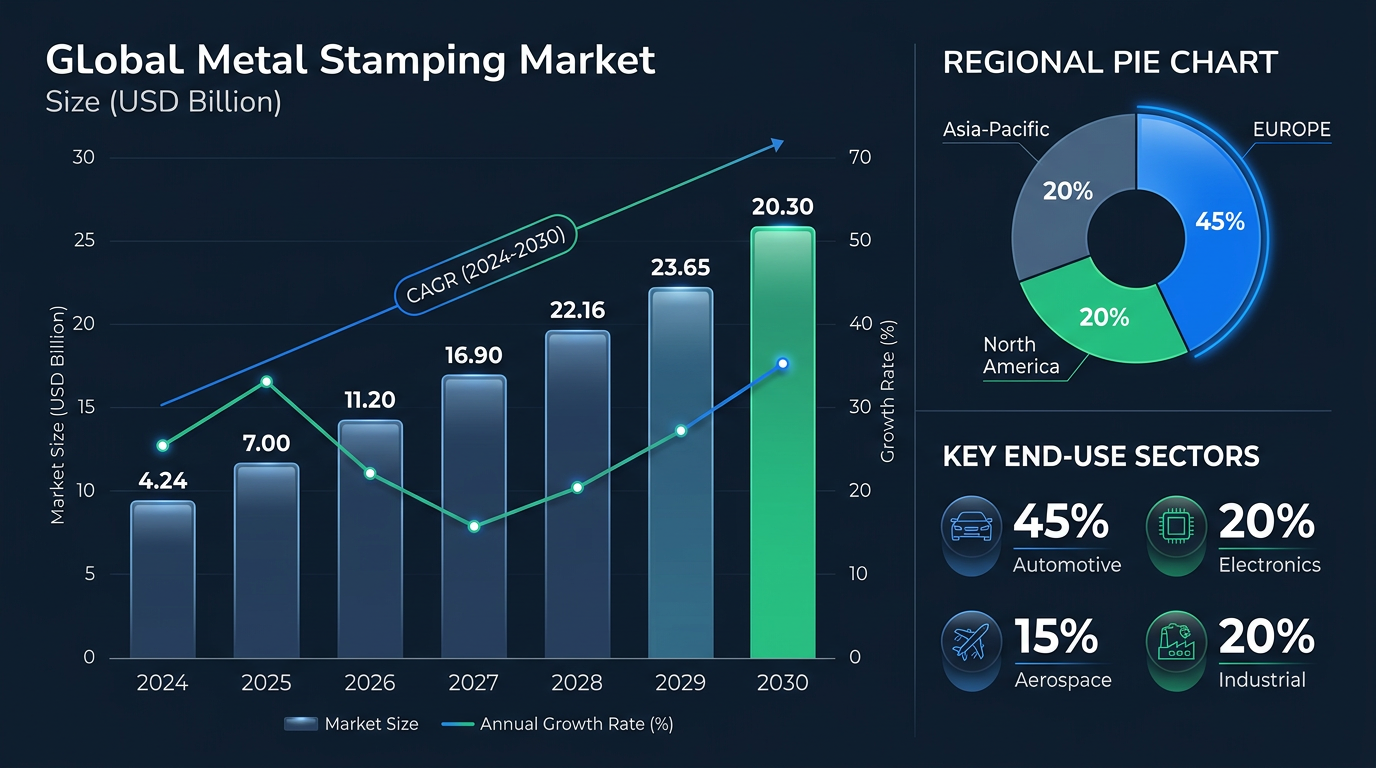 Professional infographic showing global metal stamping market trends and regional distribution