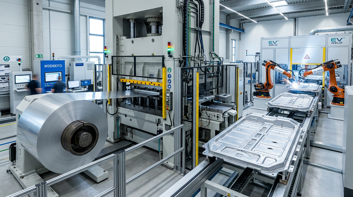 High-speed progressive stamping line producing EV battery trays and structural components