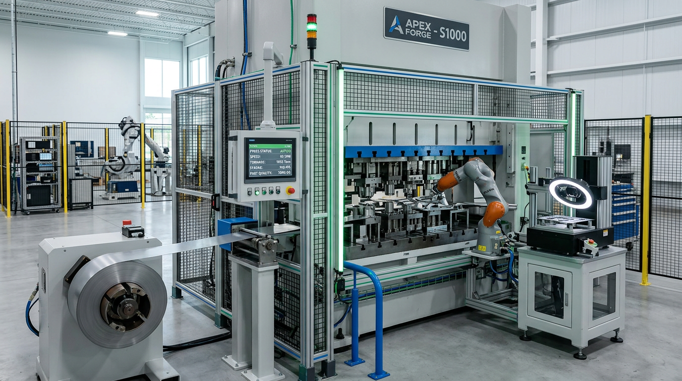Robotic progressive die stamping press with full automation