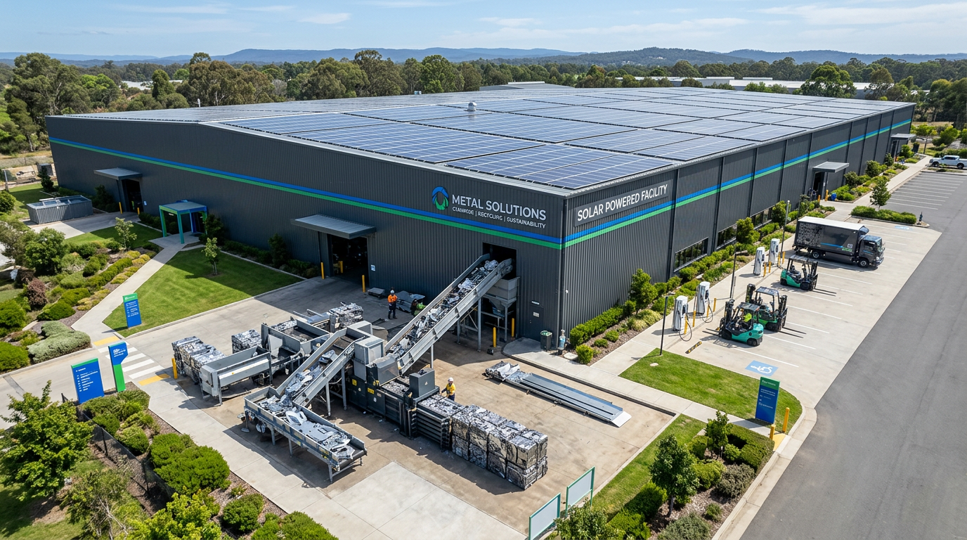 Modern metal stamping facility photographed from an elevated exterior angle, showing a large industrial building...