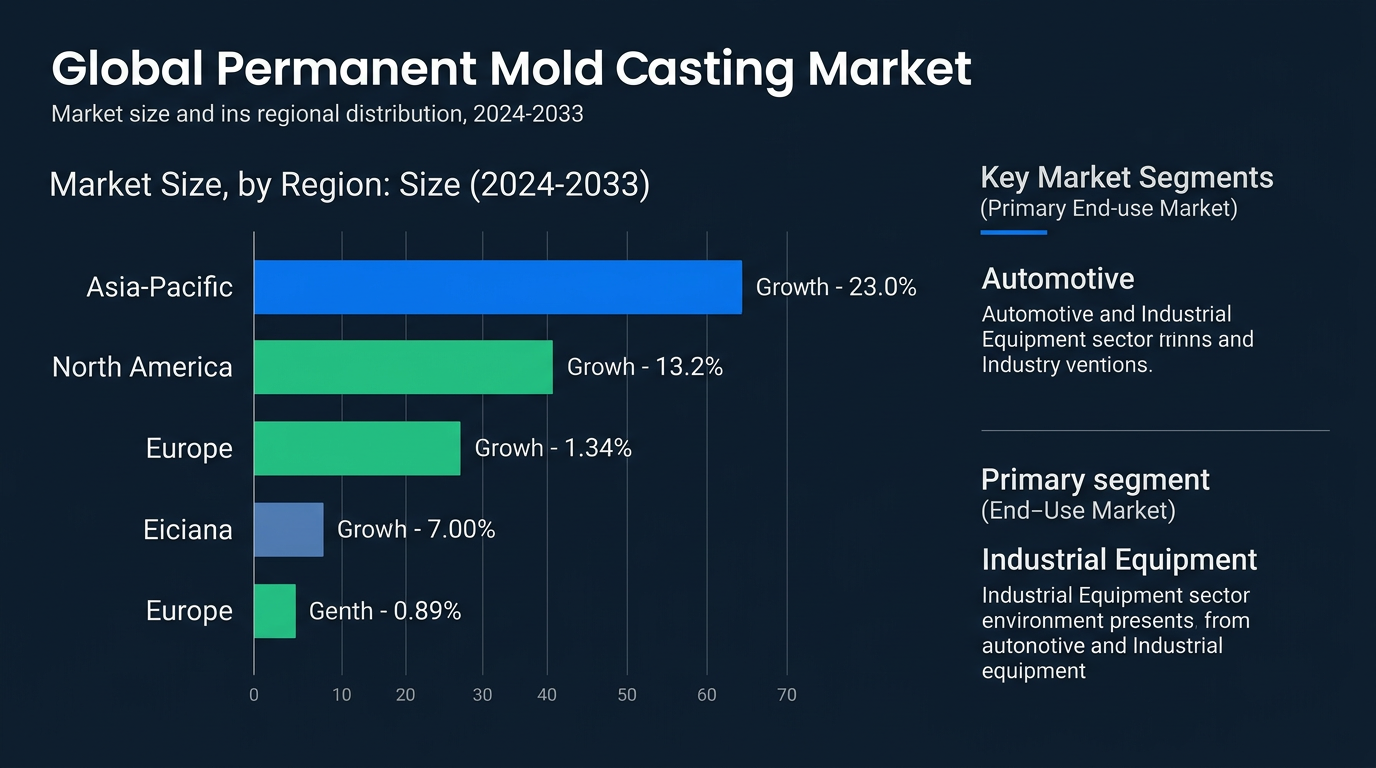 Professional infographic showing the global permanent mold casting market size and regional distribution from 2024...