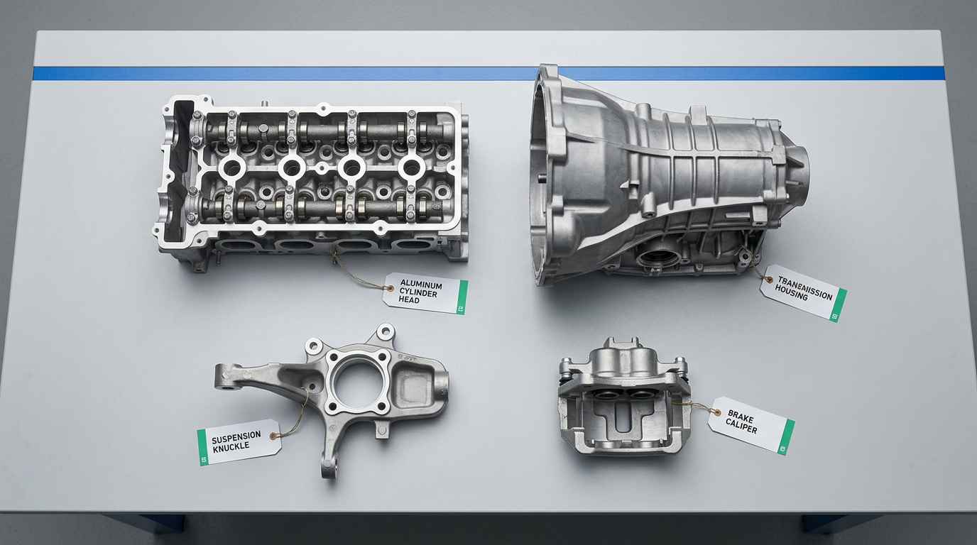 Exploded view photograph showing common permanent mold cast automotive components laid out on a light gray workbench