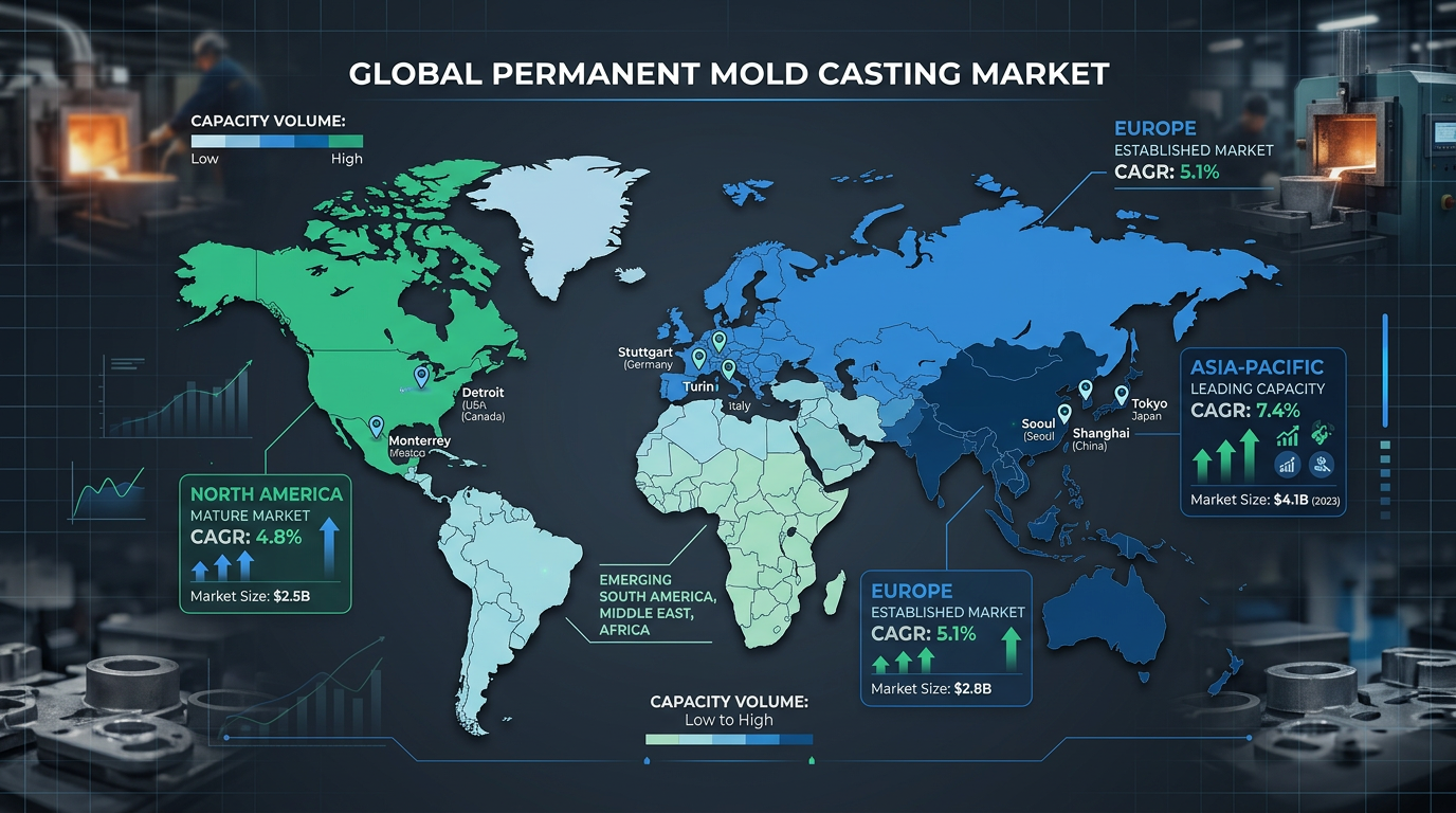 Stylized world map infographic showing regional permanent mold casting capacity and growth rates