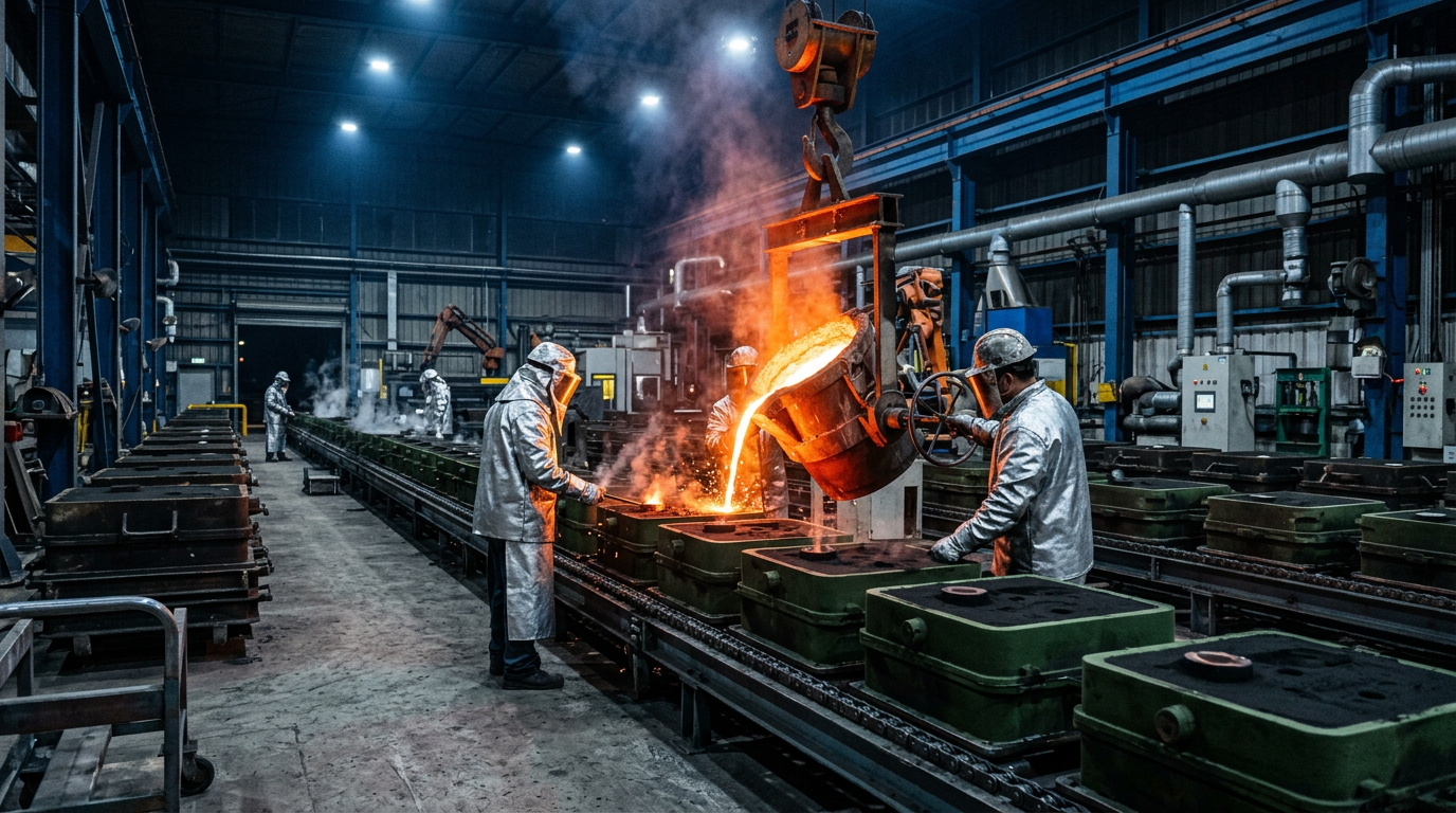 Modern foundry floor showing a sand casting operation in progress