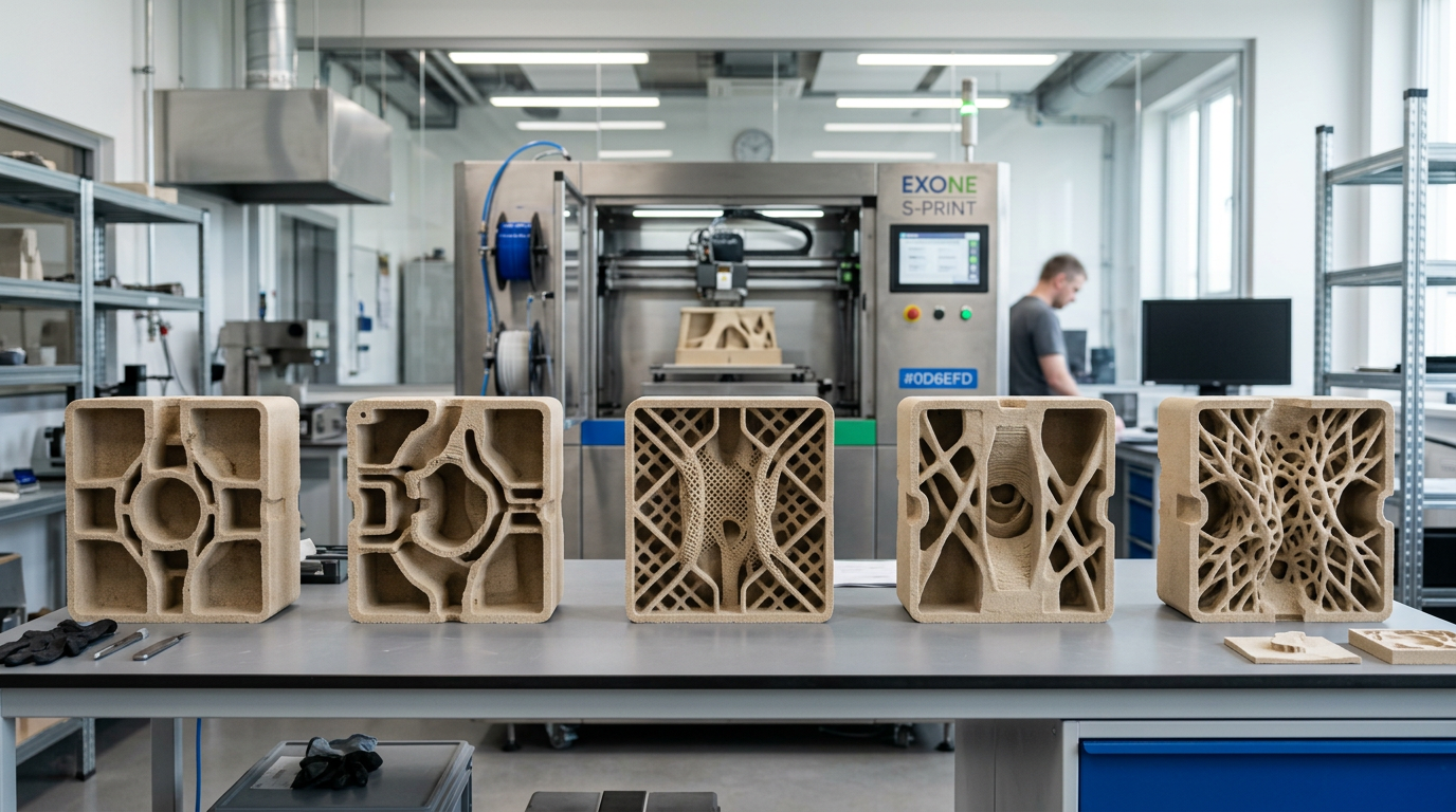 Row of 3D-printed sand molds with incredibly complex internal geometries — hollow cores, thin-walled passages, and...