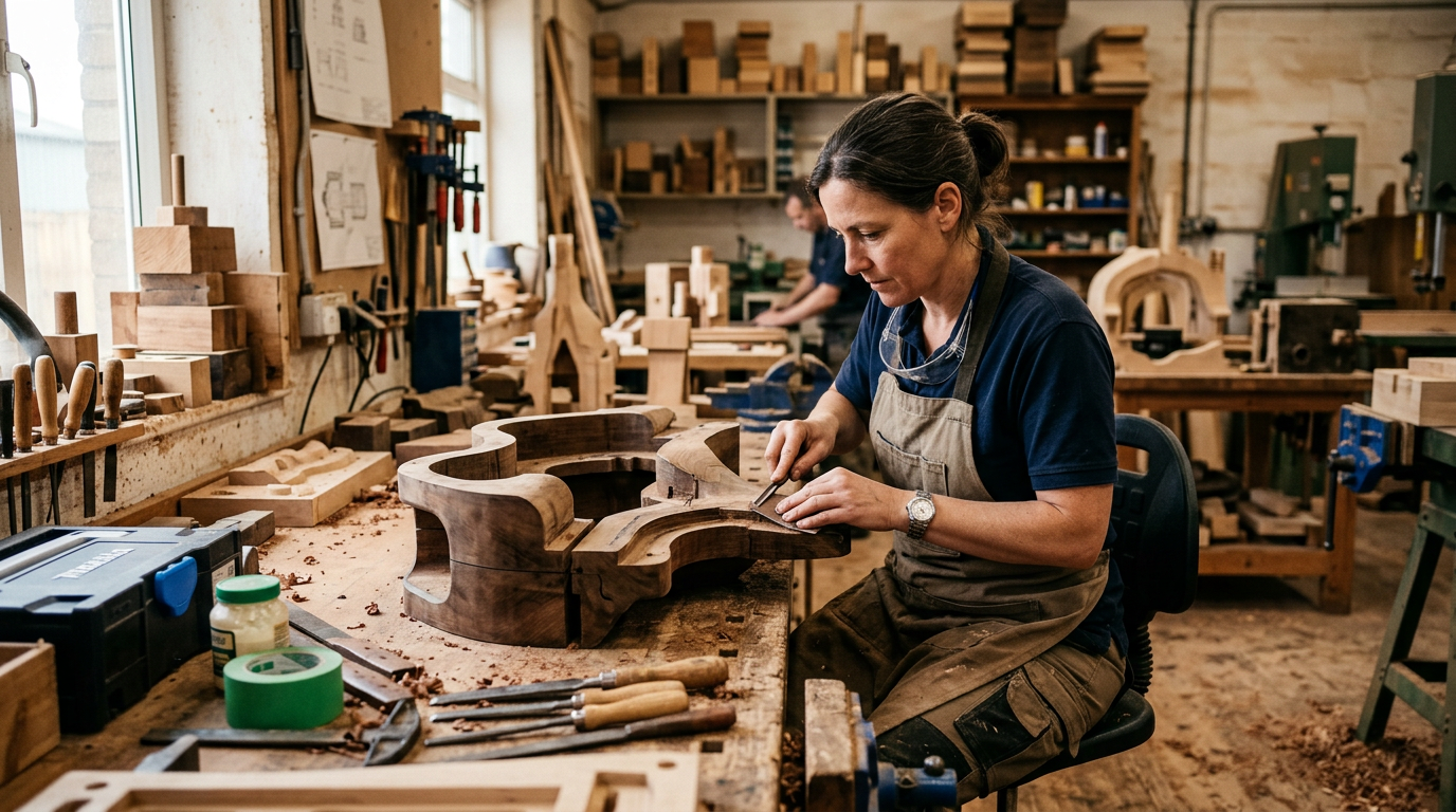 Skilled pattern-maker working on a traditional wooden sand casting pattern