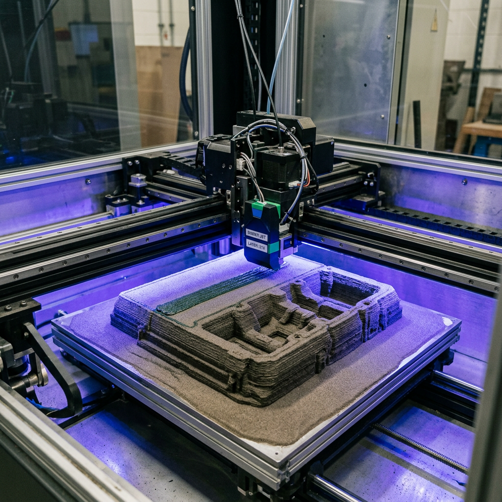 Close-up of a binder jet 3D printer depositing layers of sand and binder to create a casting mold
