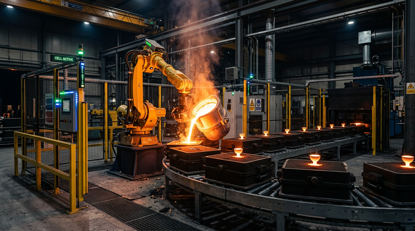 Automated pouring system in a sand casting foundry