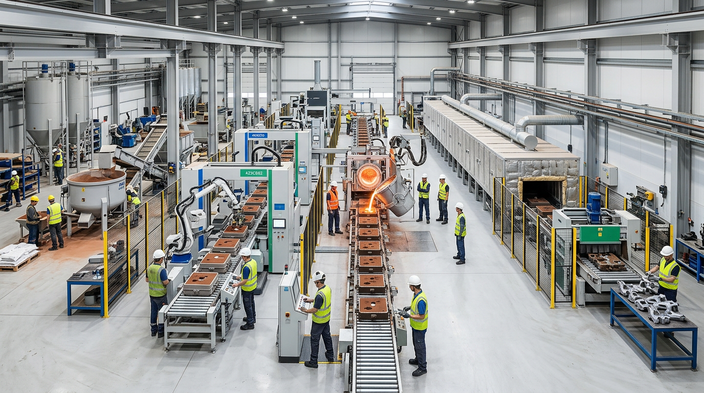 Panoramic view of an entire sand casting production line from raw material to finished part