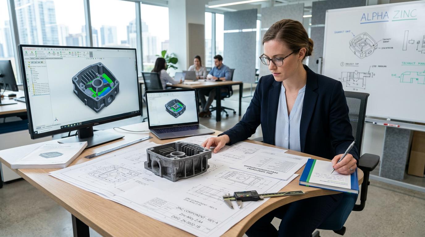 Engineer reviewing zinc part drawings and specifications