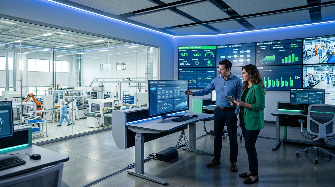 Modern manufacturing operations control room with multiple large monitors showing real-time dashboards, workflow...