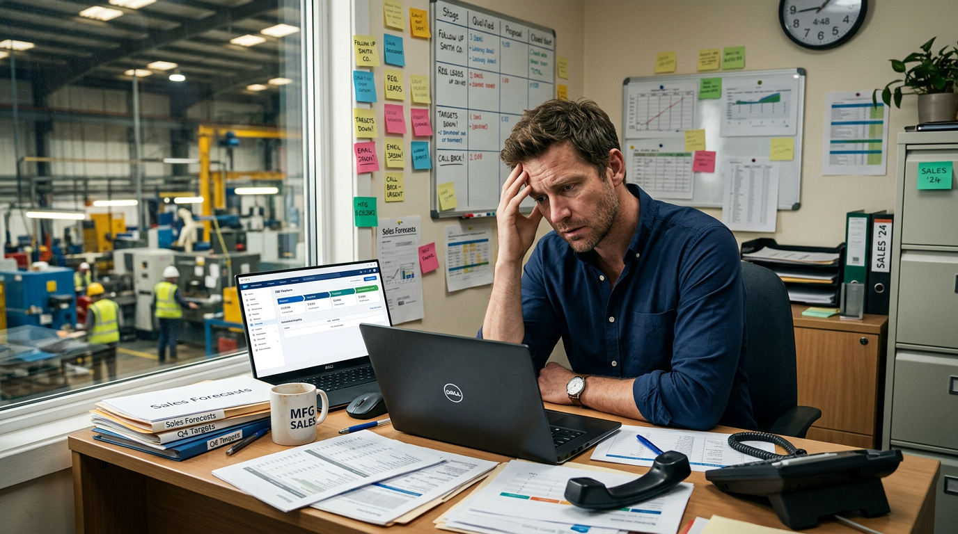 Manufacturing sales manager sitting alone at a desk in a small industrial office, looking overwhelmed