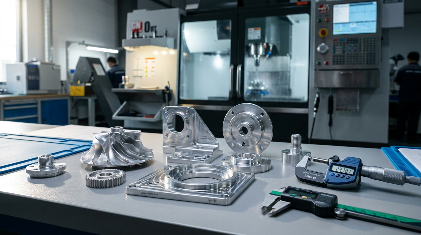 Close-up of precision-machined aluminum aerospace components arranged on a quality inspection table, with a CNC...