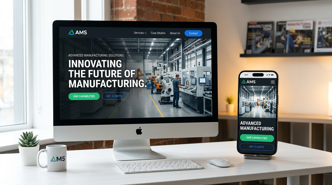 Sleek modern manufacturing website displayed on a desktop monitor and a smartphone side by side on a clean white desk