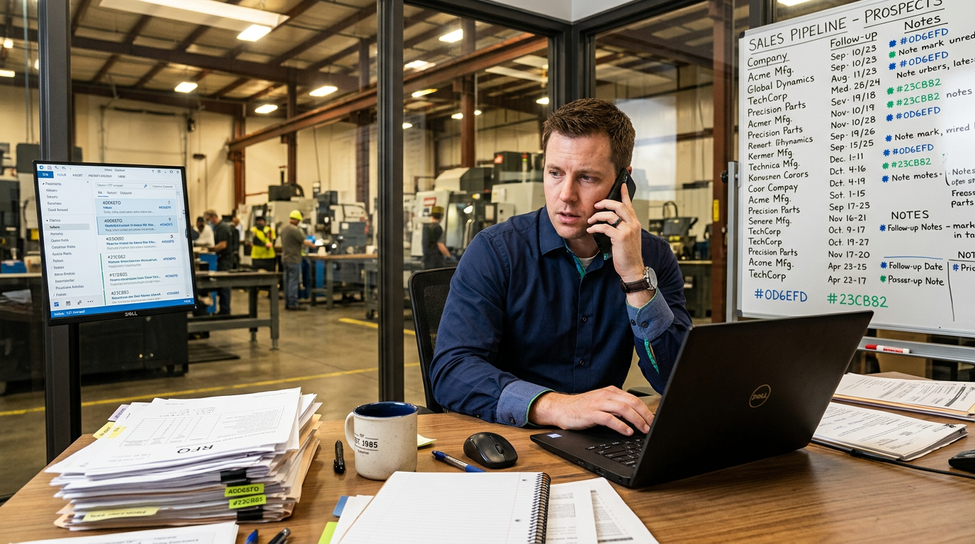 Stressed manufacturing sales representative at a desk juggling multiple tasks — phone to ear, looking at a laptop...
