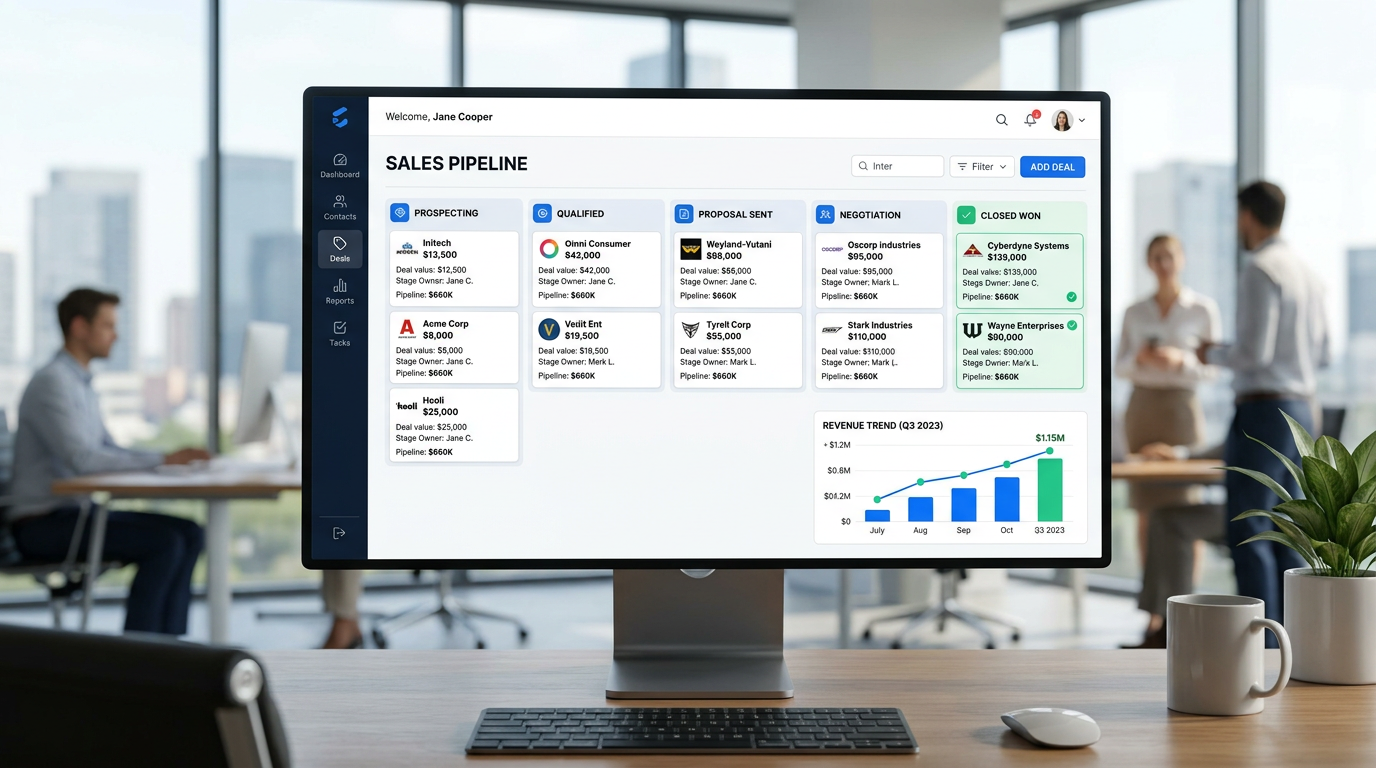 Modern CRM sales pipeline dashboard on a large desktop monitor